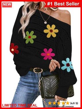 Floral Off Shoulder Oversized Pullover Sweater Crochet Knit